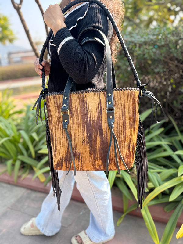Cowhide Fur Leather Tote Bag Handmade Fringe Shoulder Strap Western Style Real Leather Bag for Girls