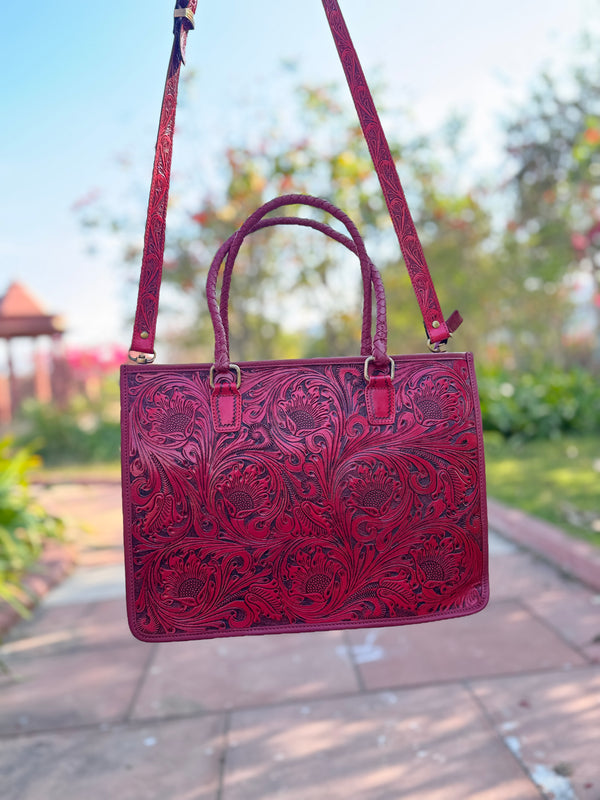 Hand Tooled Carving Leather Fringe Tote Bag High Quality Big Size Bag for Women's Use