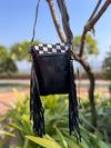 Phone Purse Real Cowhide Fur Leather Fringe Hand Tooled Carving Checker Pattern Sling Bag