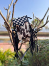 Phone Purse Real Cowhide Fur Leather Fringe Hand Tooled Carving Checker Pattern Sling Bag