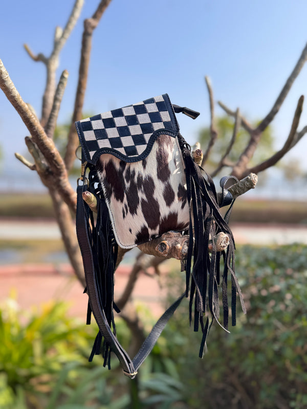 Phone Purse Real Cowhide Fur Leather Fringe Hand Tooled Carving Checker Pattern Sling Bag