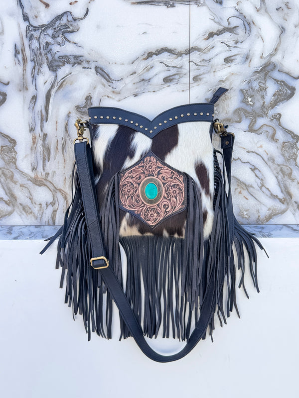 Hand Tooled Leather Fringe Sling Bag Stylish Purse Cowhide Fur Leather Bags