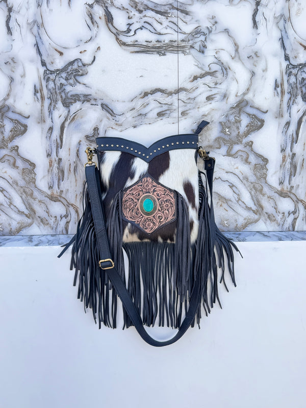 Hand Tooled Leather Fringe Sling Bag Stylish Purse Cowhide Fur Leather Bags