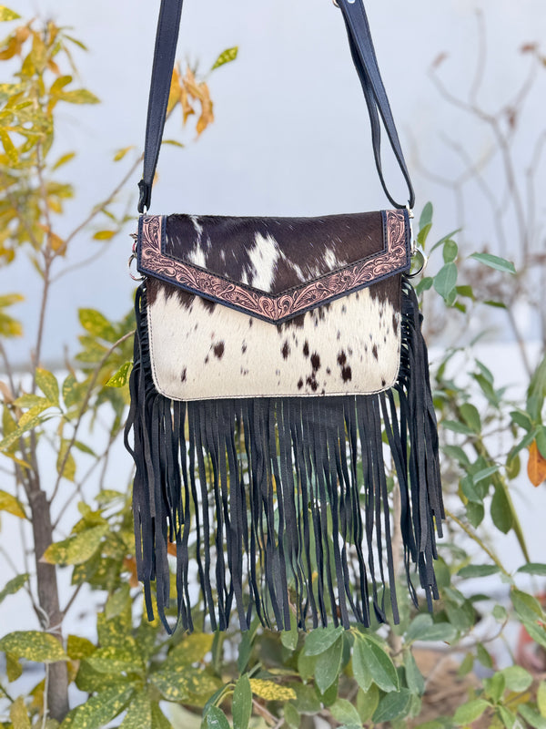Cowhide Fur Leather Fringe Bag Hand Tooled Leather Cross Body Sling Bag