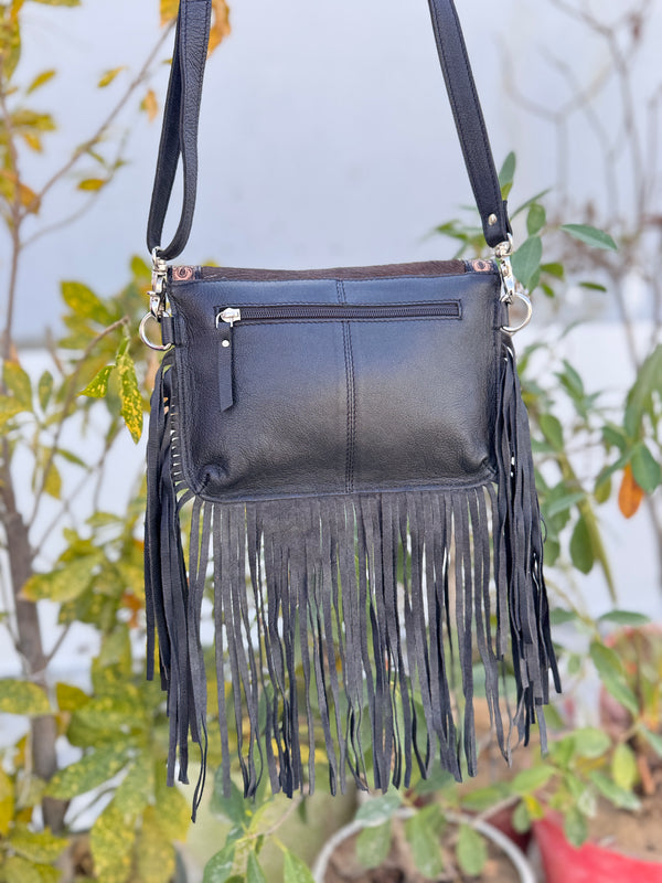 Cowhide Fur Leather Fringe Bag Hand Tooled Leather Cross Body Sling Bag