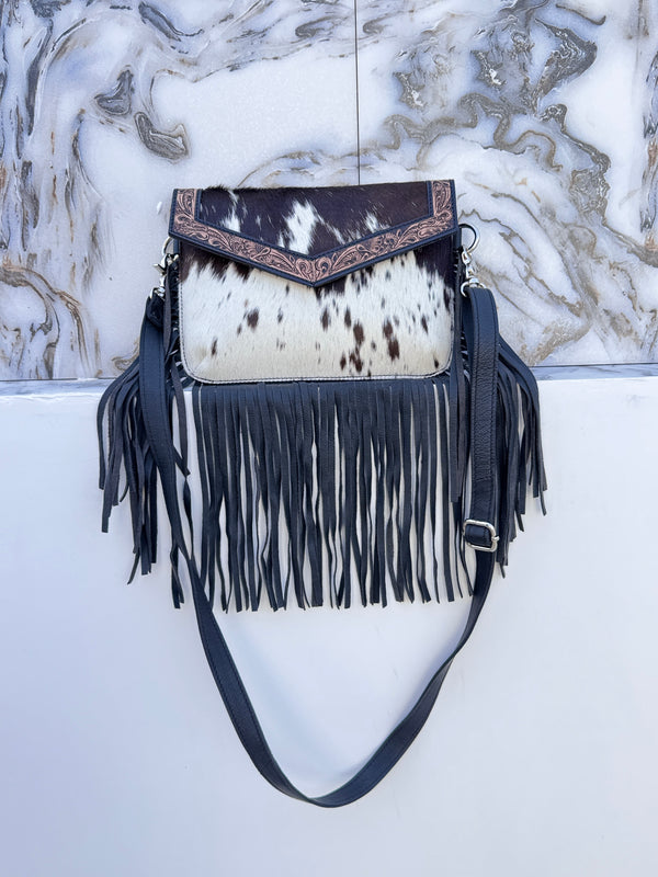 Cowhide Fur Leather Fringe Bag Hand Tooled Leather Cross Body Sling Bag
