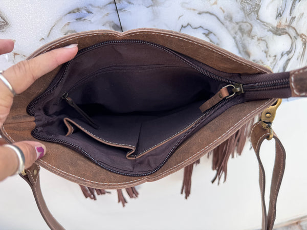 Hand Tooled Leather Fringe Sling Bag Stylish Purse Cowhide Fur Leather Bags