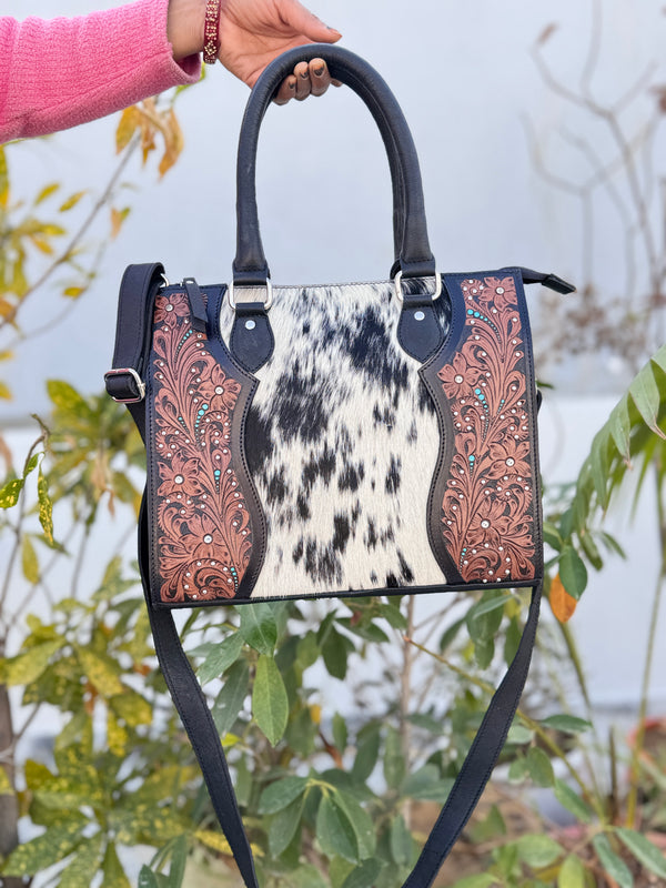 Hand Tooled Carving Leather Tote Bag Cowhide Fur Gypsy Boho Vintage Cross body Shoulder Bag