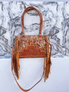 Real Cowhide Leather Western Style Bag Hand Tooled Carving Fringe Tote Bag
