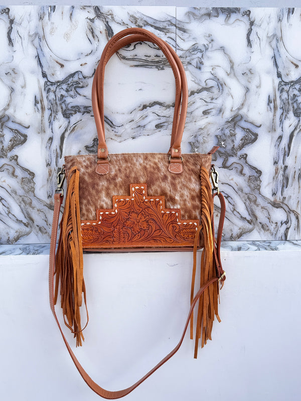 Real Cowhide Leather Western Style Bag Hand Tooled Carving Fringe Tote Bag