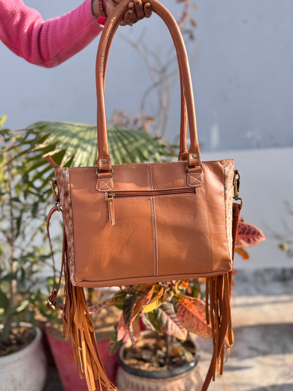 Real Cowhide Leather Western Style Bag Hand Tooled Carving Fringe Tote Bag