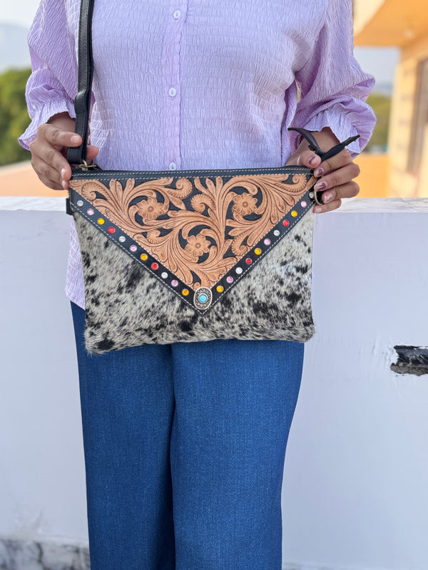 Hand Tooled Carving Leather Handbag Real Cowhide Fur Sling Bag
