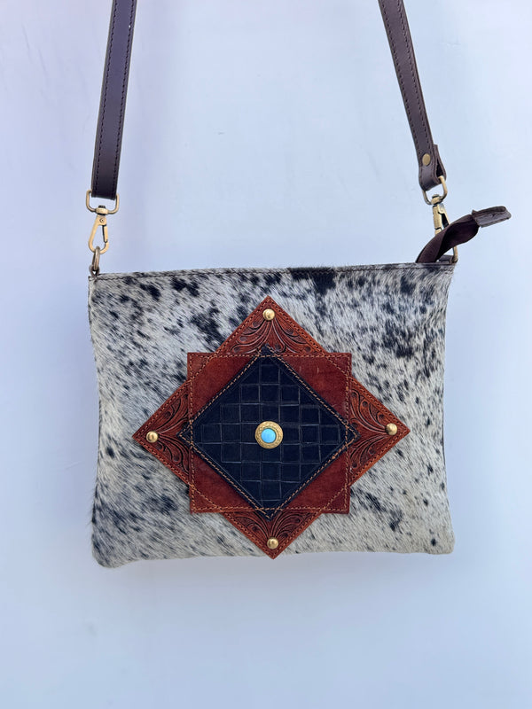 Hand Tooled Carving Leather Handbag Real Cowhide Fur Sling Bag