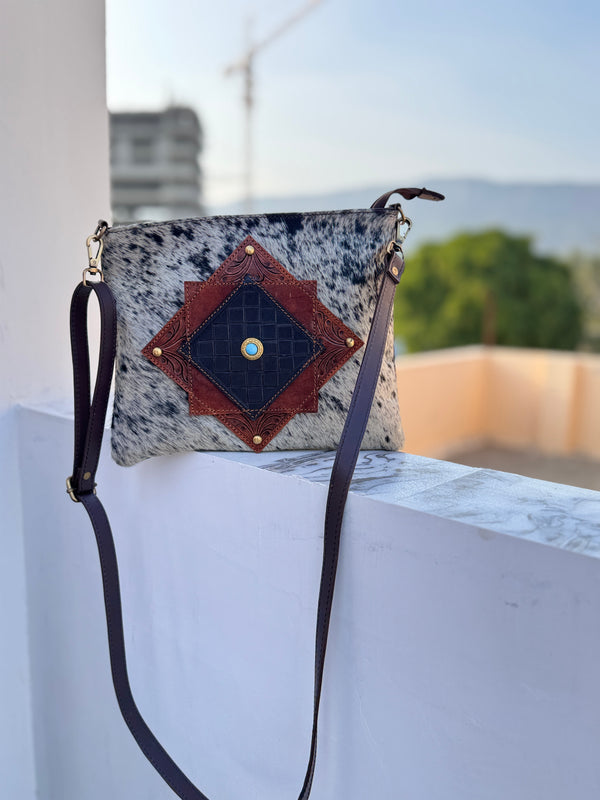 Hand Tooled Carving Leather Handbag Real Cowhide Fur Sling Bag