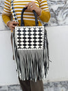 Hand Tooled Leather Fringe Bag Gypsy Boho Real Leather Handmade Western Stylish Checkers Pattern Bag