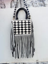 Hand Tooled Leather Fringe Bag Gypsy Boho Real Leather Handmade Western Stylish Checkers Pattern Bag