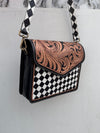 Hand Tooled Carving Leather Handbag Sling Bag Gypsy Boho Shoulder Handmade Checkers Pattern Bags