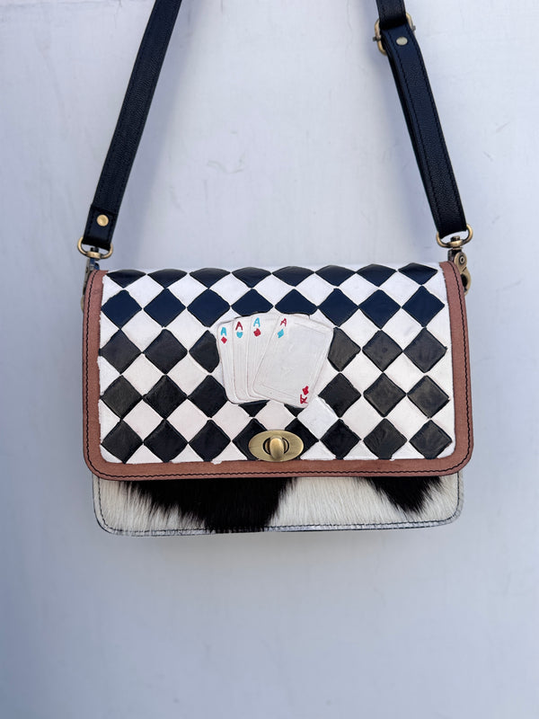 Hand Tooled Leather Handbag Checker Pattern Hair On Hide Leather Cross Body Sling Bag