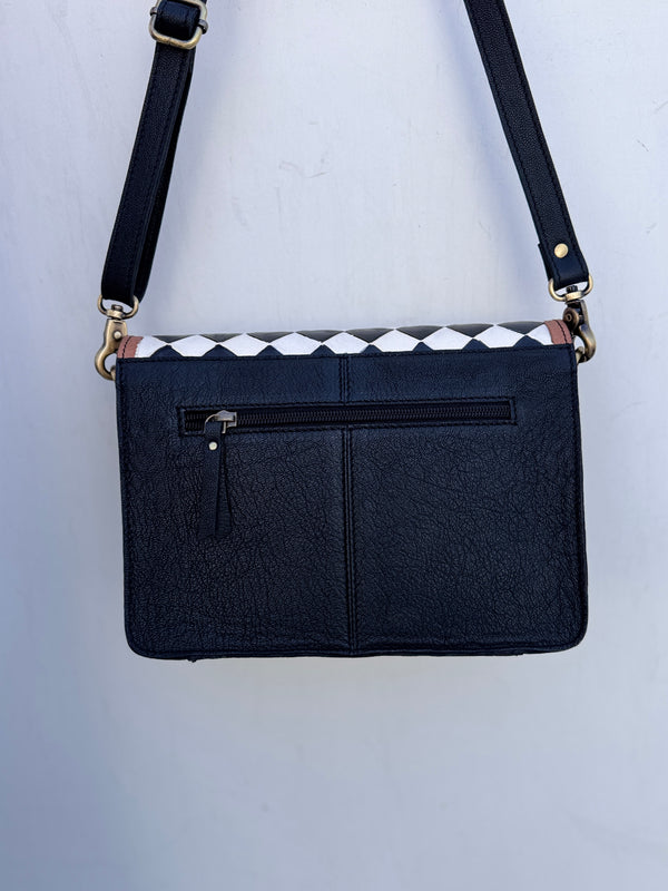 Hand Tooled Leather Handbag Checker Pattern Hair On Hide Leather Cross Body Sling Bag