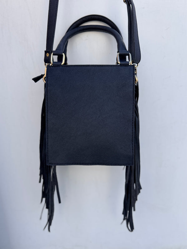 Hand Tooled Leather Fringe Handbag Checkers Pattern Black Colour Shoulder Bag