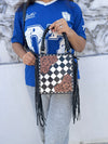 Hand Tooled Leather Fringe Handbag Checkers Pattern Black Colour Shoulder Bag