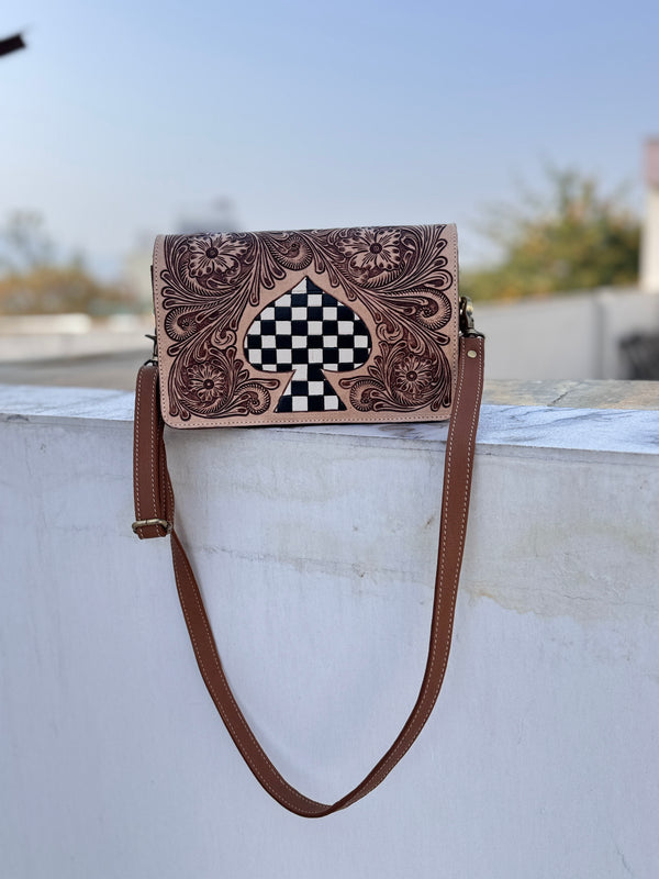 Hand Tooled Leather Handbag Checkers Pattern Genuine Leather Cross Body Bag