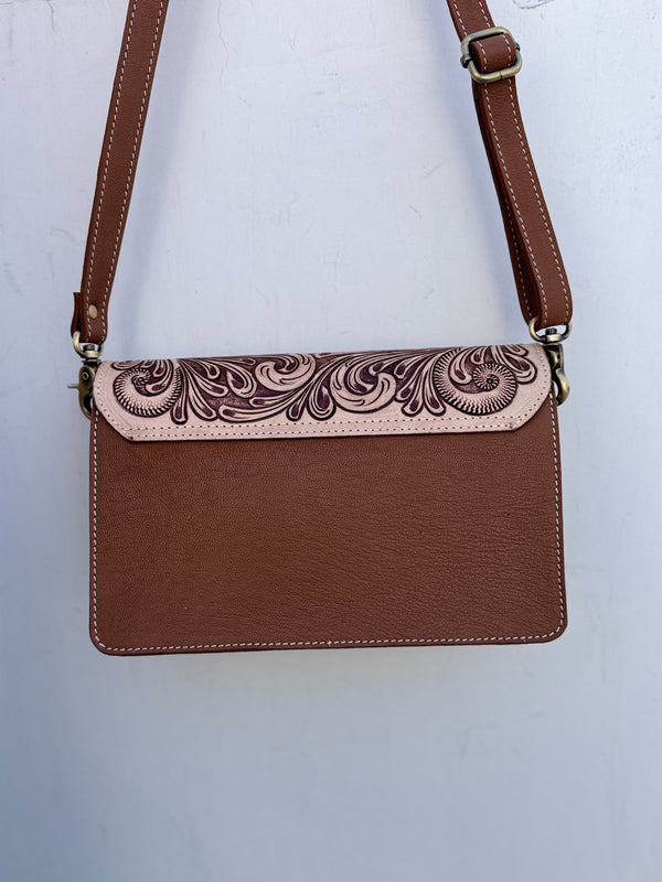Hand Tooled Leather Handbag Checkers Pattern Genuine Leather Cross Body Bag
