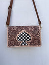 Hand Tooled Leather Handbag Checkers Pattern Genuine Leather Cross Body Bag