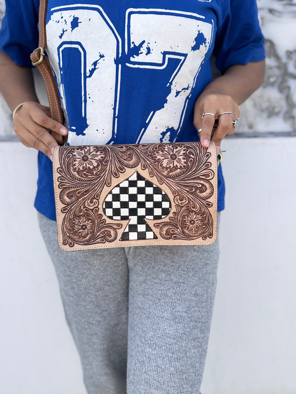 Hand Tooled Leather Handbag Checkers Pattern Genuine Leather Cross Body Bag