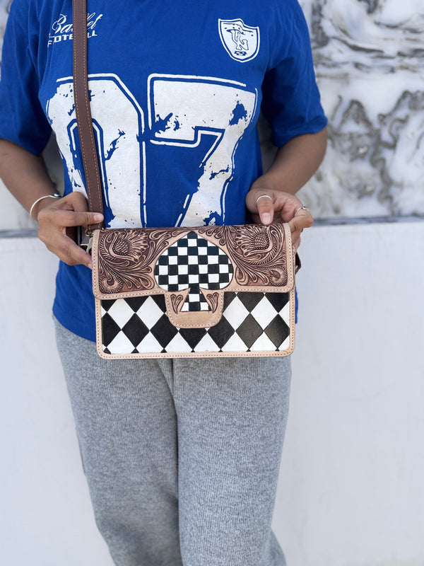 Hand Tooled Leather Handbag Checkers Pattern Real Leather Cross Body Bag