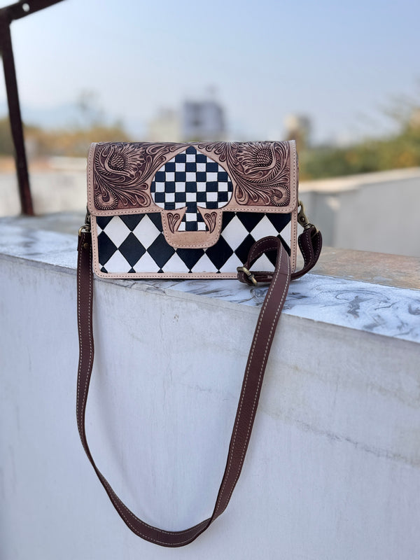 Hand Tooled Leather Handbag Checkers Pattern Real Leather Cross Body Bag