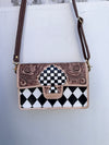 Hand Tooled Leather Handbag Checkers Pattern Real Leather Cross Body Bag