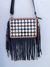 Hand Tooled Carving Leather Fringe Bag Checker Pattern Cross-Body Handbag
