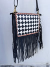Hand Tooled Carving Leather Fringe Bag Checker Pattern Cross-Body Handbag