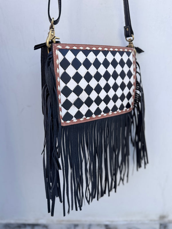 Hand Tooled Carving Leather Fringe Bag Checker Pattern Cross-Body Handbag