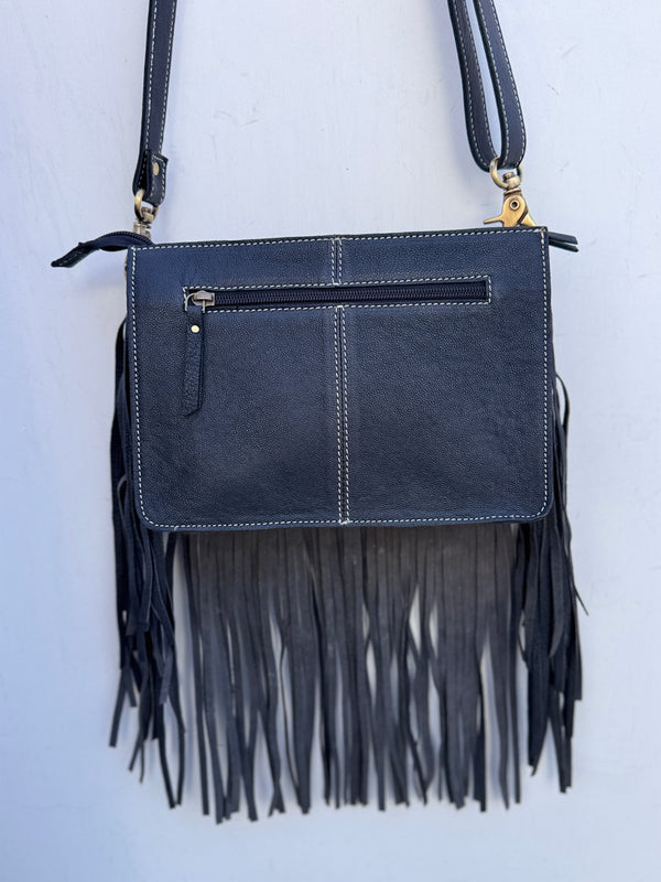 Hand Tooled Carving Leather Fringe Bag Checker Pattern Cross-Body Handbag