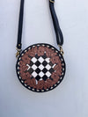 Hand Tooled Leather Round Handbag Checkers Pattern Genuine Leather Cross Body Bag