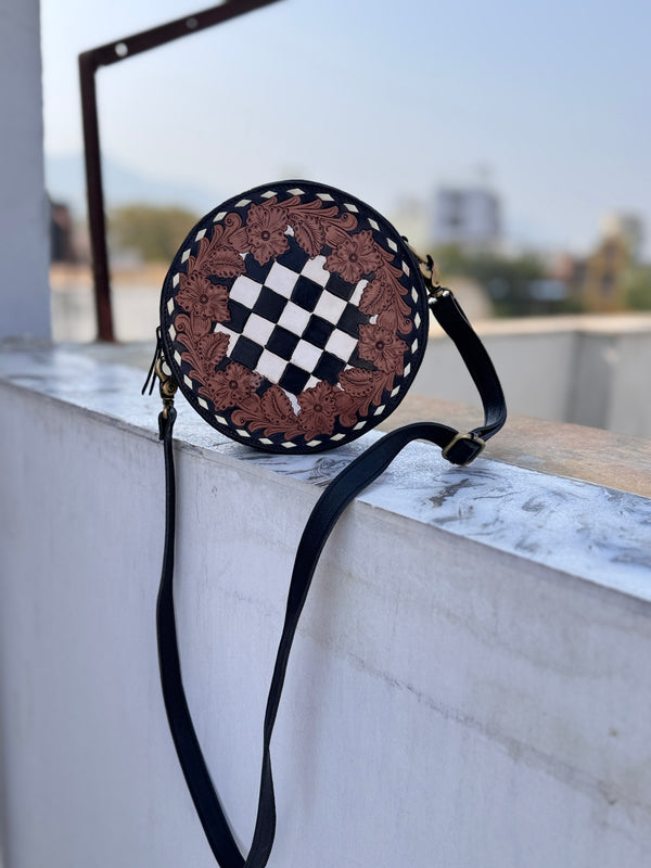 Hand Tooled Leather Round Handbag Checkers Pattern Genuine Leather Cross Body Bag