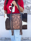 Cowhide Fur Leather Tote Bag Big Size Hand Tooled Carving Leather Fringe Handbag