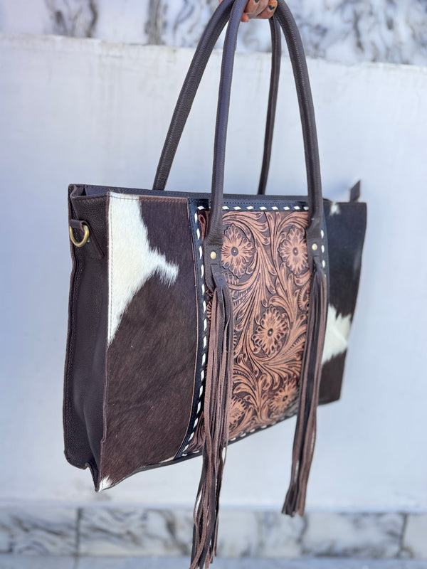 Cowhide Fur Leather Tote Bag Big Size Hand Tooled Carving Leather Fringe Handbag
