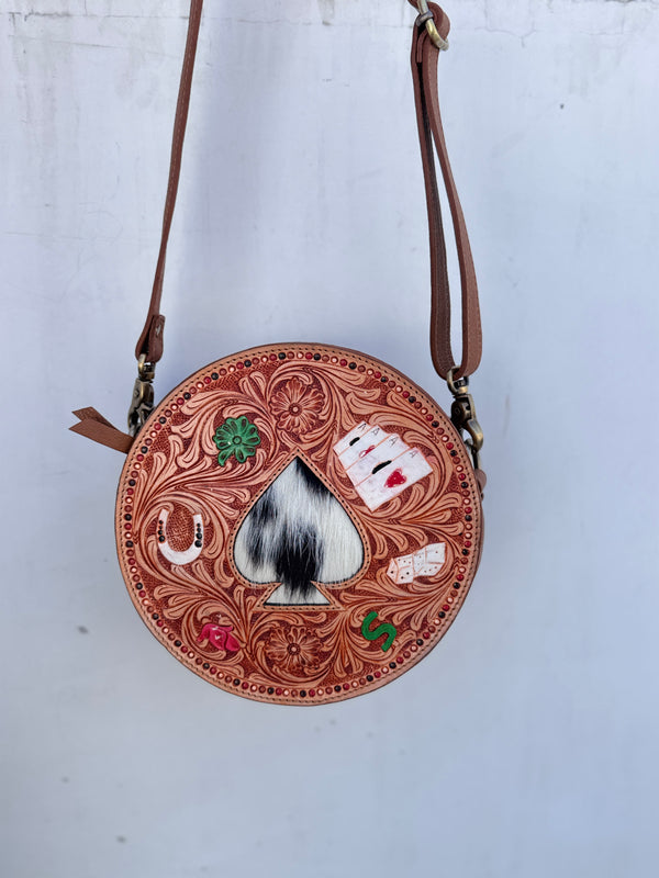 Round Handbag Tooling Carving Sling Bag Leather Gypsy Boho Cowhide Fur Handmade Bags