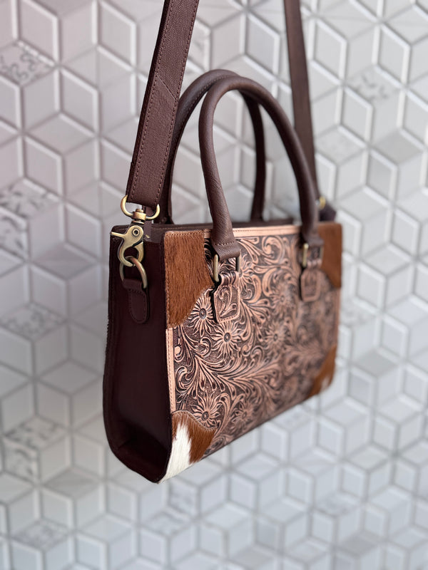 Hand Tooled Leather Handbag Cowhide Fur Leather Brown Colour Tote Bag