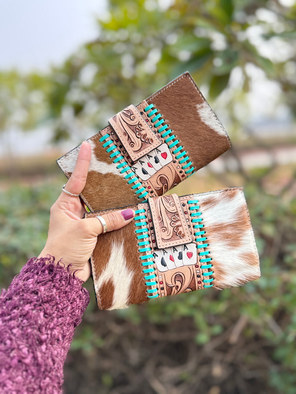 Hand Tooled Carving Clutch Phone Case Stylish Cowhide Fur Leather Western Wallets