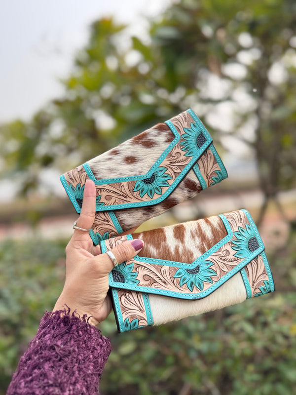 Hand Tooled Carving Clutch Stylish Genuine Leather Hair On Hide Fur Clutch
