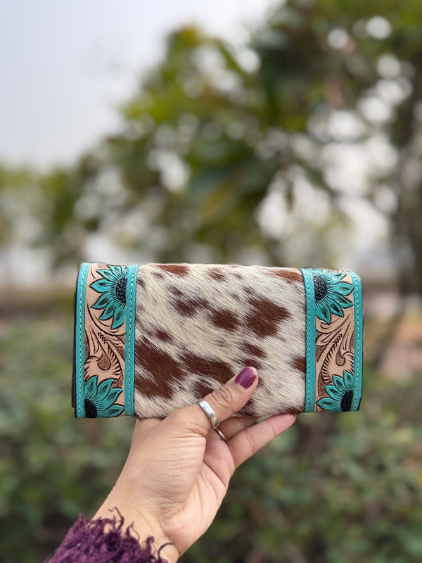 Hand Tooled Carving Clutch Stylish Genuine Leather Hair On Hide Fur Clutch