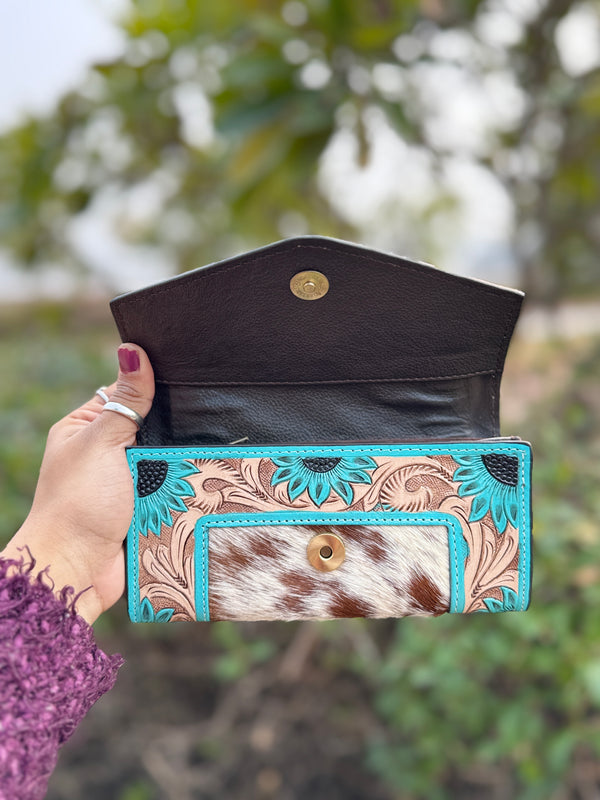 Hand Tooled Carving Clutch Stylish Genuine Leather Hair On Hide Fur Clutch