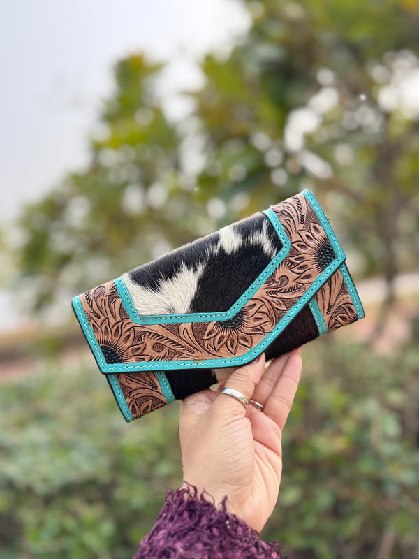 Hand Tooled Carving Wallet Clutch Stylish Cowhide Fur Leather Wallet Western Leather Wallets