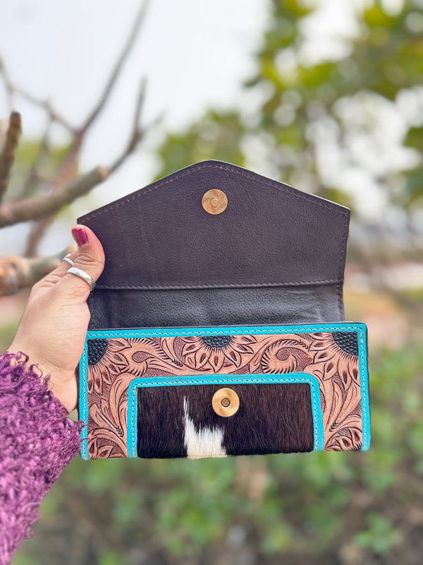 Hand Tooled Carving Wallet Clutch Stylish Cowhide Fur Leather Wallet Western Leather Wallets