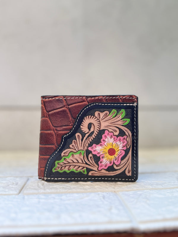 Men's Wallet Hand Tooled Leather Dark Brown Flower Print Cash Holder Gift for Him