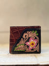 Men's Wallet Hand Tooled Leather Dark Brown Flower Print Cash Holder Gift for Him
